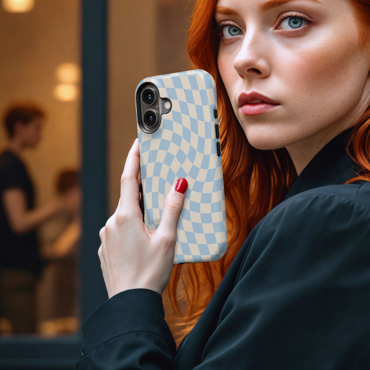 Baby Blue Cream Wavy Checkerboard MgaSafe Tough Cover for iPhone and Samsung