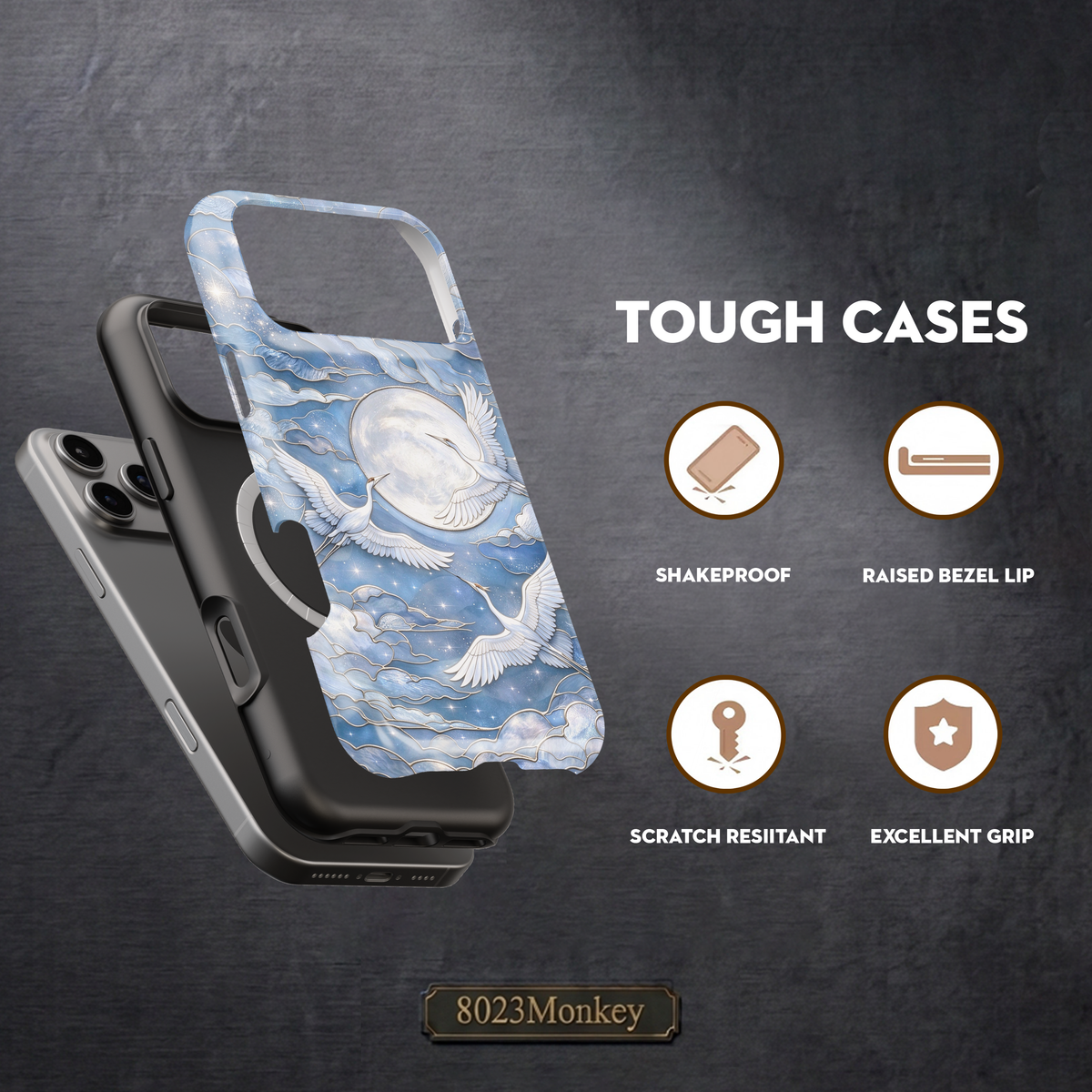 Blue Stained Glass Crane Moon MgaSafe Tough Phone Case for iPhone and Samsung-45