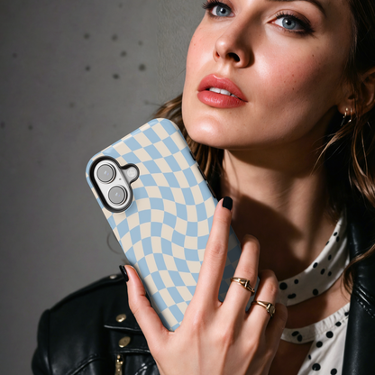 Baby Blue Cream Wavy Checkerboard MgaSafe Tough Cover for iPhone and Samsung